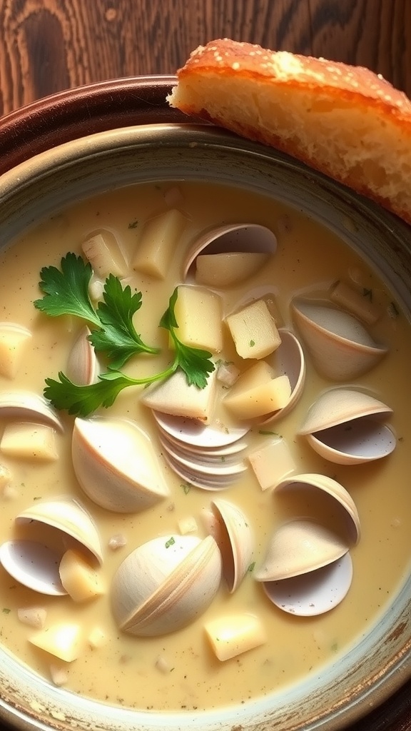 A bowl of creamy clam chowder with clams and potatoes, garnished with parsley, served with crusty bread.